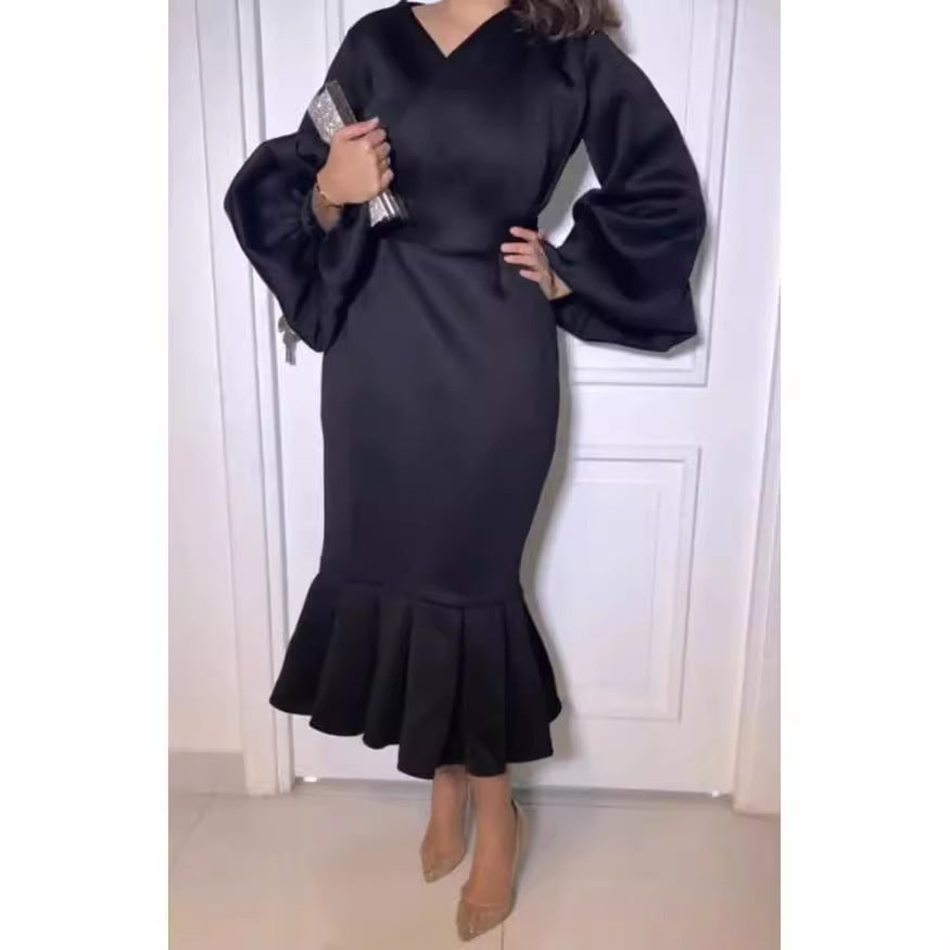 European And American Fashion Plus Size V-neck Long-sleeve Dress Grayceful LLC