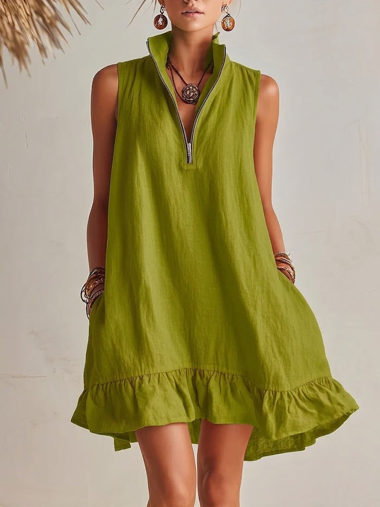 Women's Casual Loose Half-Zip Sleeveless Dress with Ruffle Hem FitiqueFit
