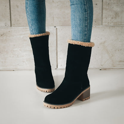 Women's Warm Faux Fur Lined Boots, Slip On Block Heeled Ankle Boots, Women's Footwear NovaCart