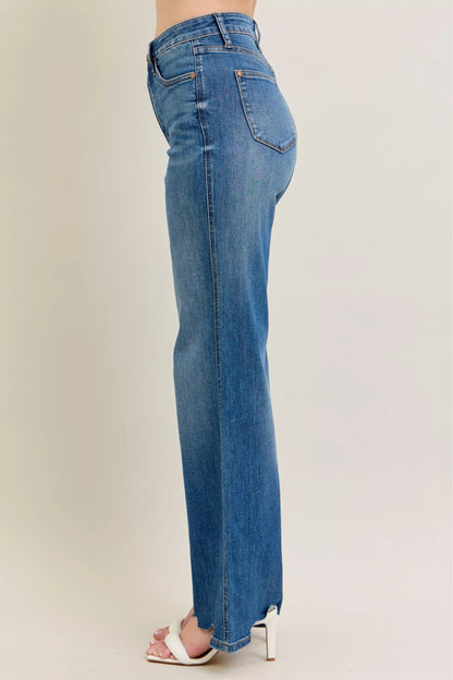 Judy Blue Full Size High Waist Tummy Control Chew Hem Destroy Wide Jeans Plus Size Garden Naked Curves