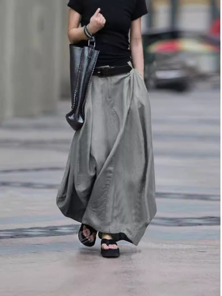 Women's High-Waist Flared Maxi Skirt – Solid Color Cotton Linen with Pockets FitiqueFit