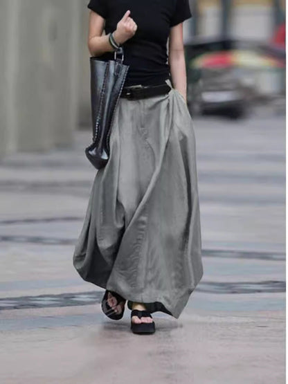 Women's High-Waist Flared Maxi Skirt – Solid Color Cotton Linen with Pockets FitiqueFit