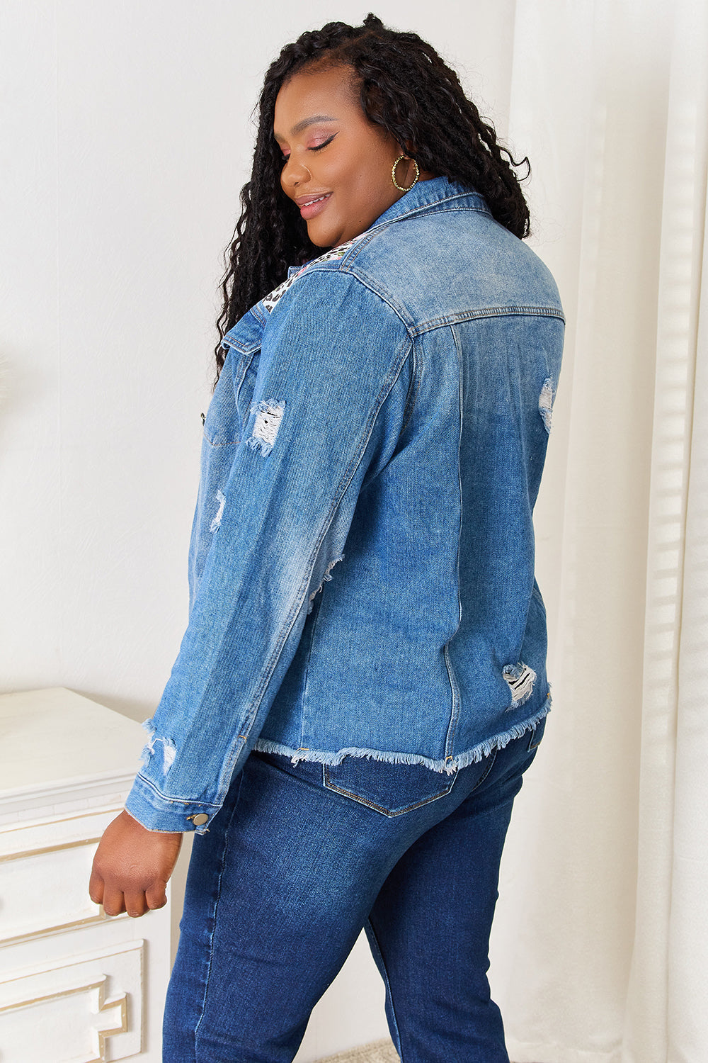 Baeful Leopard Floral Distressed Raw Hem Denim Jacket New Era Fashion LLc