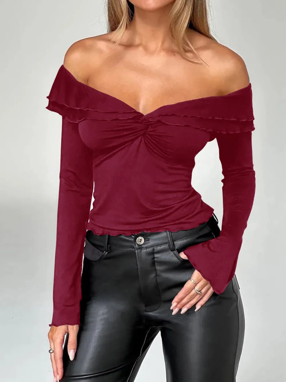 Devine Twisted Ruffled Off-Shoulder Long Sleeve T-Shirt New Era Fashion LLc