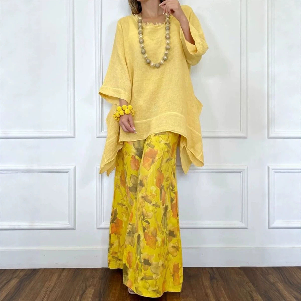 Cotton-Linen Irregular Hem Drop-Shoulder Top & Wide-Leg Pants Set | 3 Colors FitiqueFit