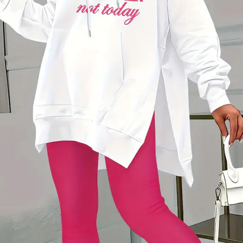 Casual 2-Piece Set Solid Color Leggings & Letter Print Hooded Sweatshirt FitiqueFit