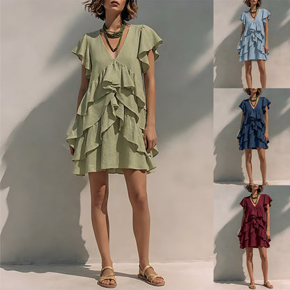 Women's V-Neck Ruffle Sleeve Casual Loose Dress FitiqueFit