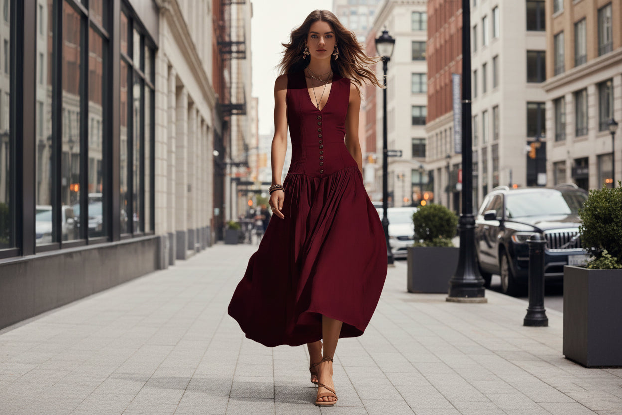 Sleeveless V-Neck Button Dress – Elegant Cotton-Linen Maxi Dress FitiqueFit