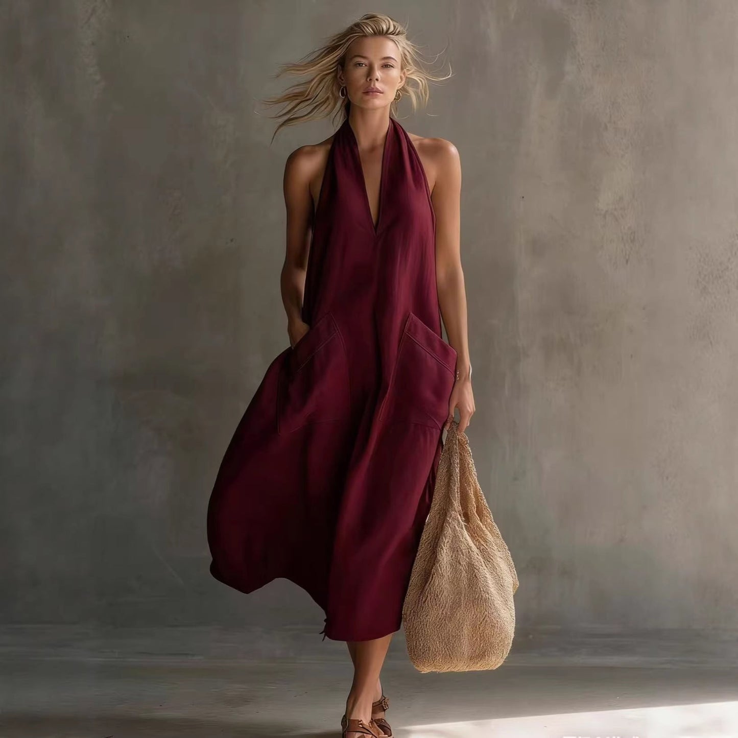 Women's Retro V-Neck Slip Dress – Loose Fit Sleeveless FitiqueFit