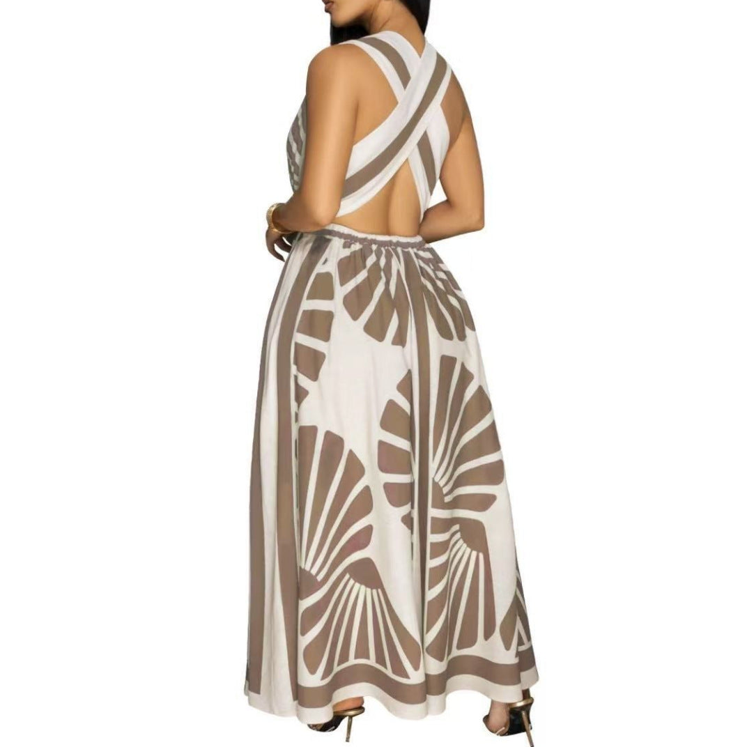 European And American V-neck Positioning Printing Backless Dress Grayceful LLC