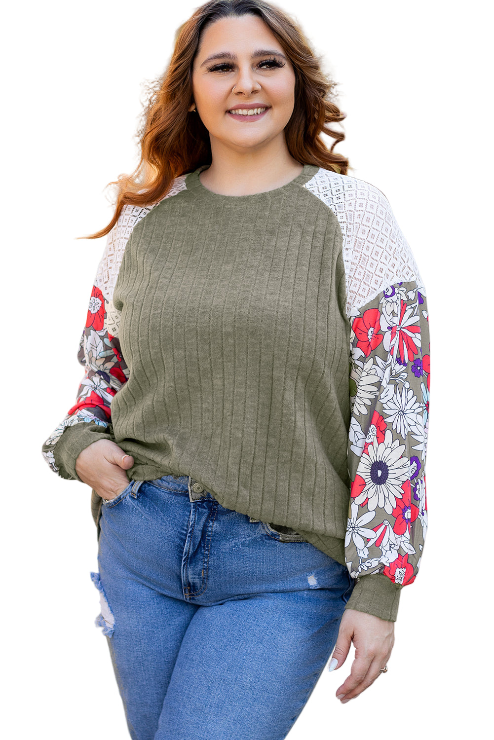 Vineyard Green Plus Size Textured Floral Patchwork Raglan Sleeve Top Garden Naked Curves