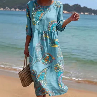 Women's 3D Floral Print Long-Sleeve A-Line Dress – Crew Neck Loose Fit FitiqueFit