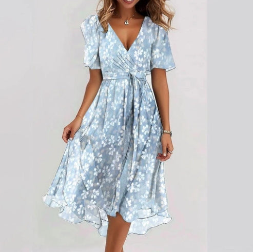 Chiffon Print V-Neck Dress – Elegant Two-Piece Set Midi Dress FitiqueFit
