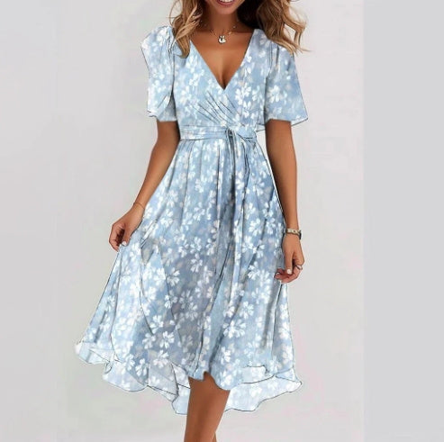 Chiffon Printed Short Sleeve Dress Summer Elegant V-neck Dresses Womens Clothing Grayceful LLC