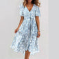 Chiffon Printed Short Sleeve Dress Summer Elegant V-neck Dresses Womens Clothing Grayceful LLC