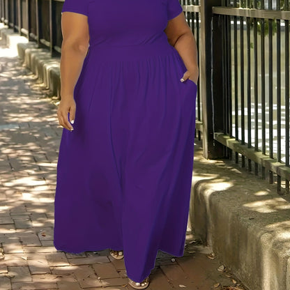 Plus Size Solid Short Sleeve Maxi Dress, Women's Plus Medium Stretch Elegant Long Dress NovaCart