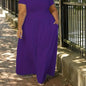 Plus Size Solid Short Sleeve Maxi Dress, Women's Plus Medium Stretch Elegant Long Dress NovaCart