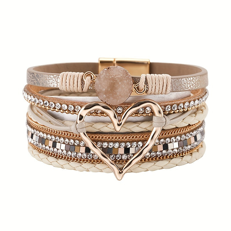 [Bohemian Heart Stone Bracelet] Bohemian Multi-Layer PU Leather Bracelet with Magnetic Clasp | Exaggerated Heart Stone Accent, Wide Cuff Statement Piece for Festival & Everyday, Style Layered Bangle - Year-Round Wear NovaCart