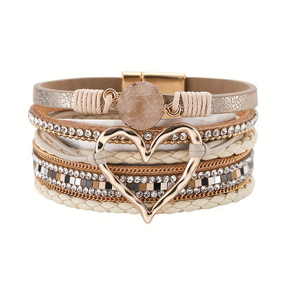 [Bohemian Heart Stone Bracelet] Bohemian Multi-Layer PU Leather Bracelet with Magnetic Clasp | Exaggerated Heart Stone Accent, Wide Cuff Statement Piece for Festival & Everyday, Style Layered Bangle - Year-Round Wear NovaCart