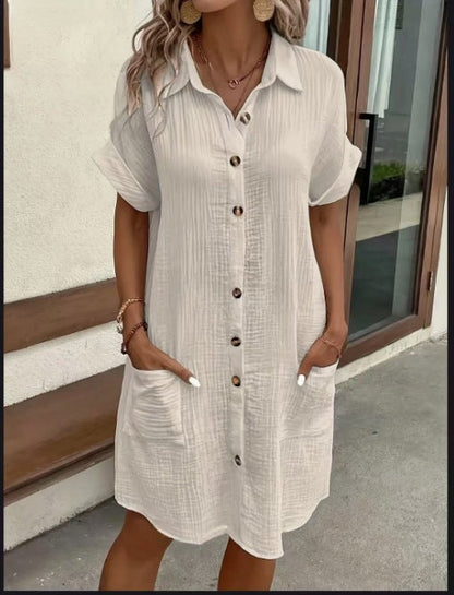Women's Casual Loose Short-Sleeve Midi Shirt Dress – Button-Down FitiqueFit