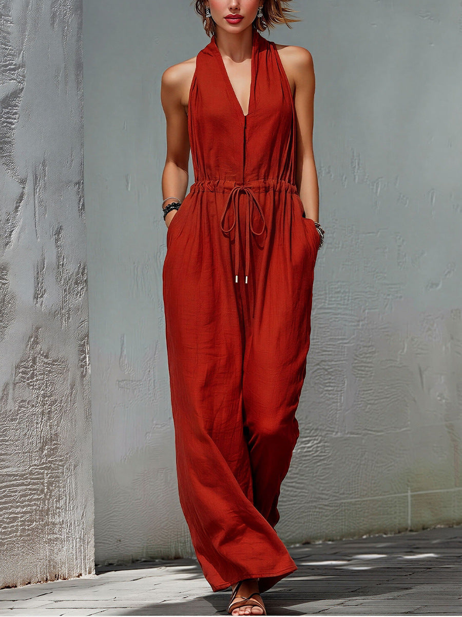 Women's Sleeveless Halter Neck Solid Color Long Jumpsuit FitiqueFit