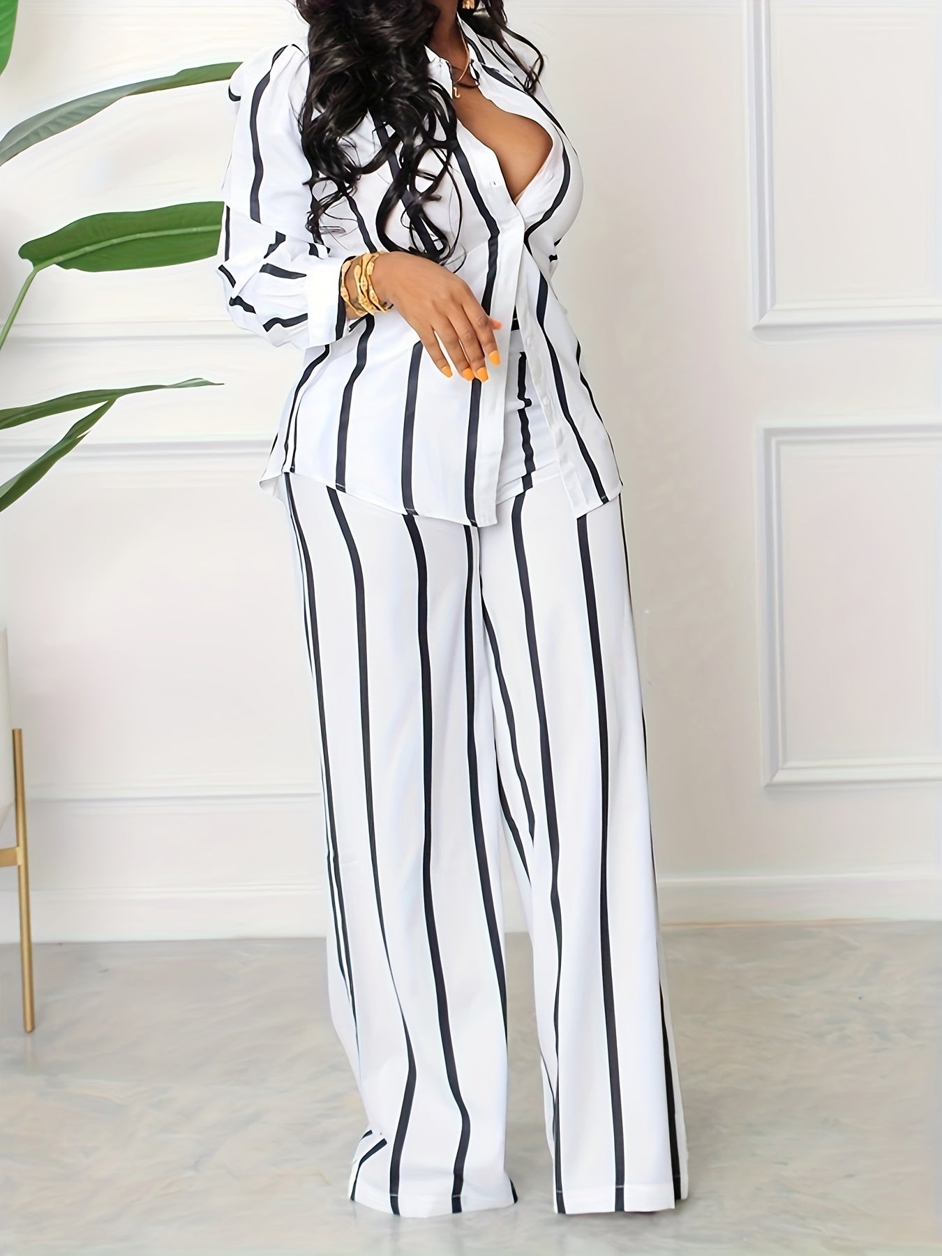Women's Striped Print Two-piece Set - Button Front Collar Long Sleeve Shirt & High Waist Wide Leg Loose Pants Set - Casual Style - For Women - Perfect for Everyday Wear & Loungewear - Great Gift for Fashionable Women NovaCart