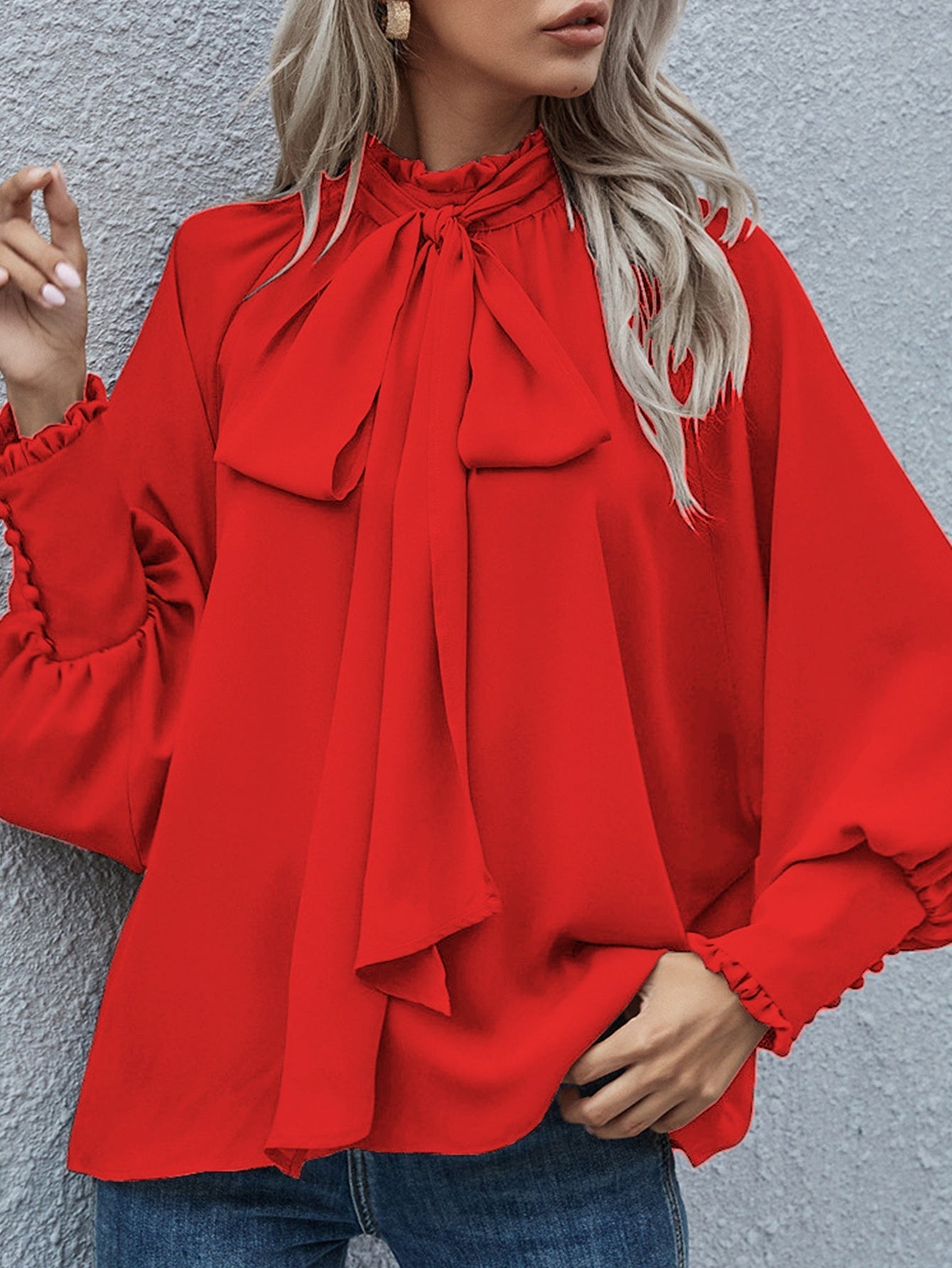 Ins Long-sleeved Blouse Bowknot Puff Sleeves Fashion Commuter Office Tops Women's Clothing See size chart under “more details” The Fashion Celestial