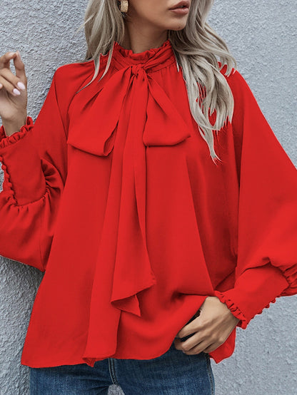 Ins Long-sleeved Blouse Bowknot Puff Sleeves Fashion Commuter Office Tops Women's Clothing See size chart under “more details” The Fashion Celestial