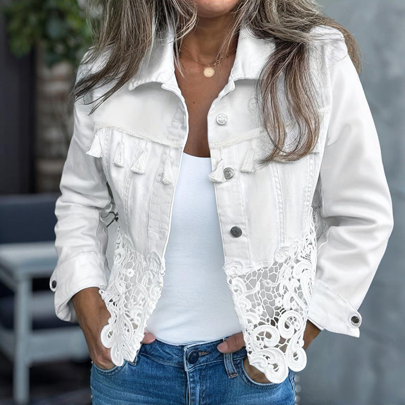 Women's Hollow-Out Patchwork Tassel Coat – Long Sleeve Lapel Button-Down Jacket FitiqueFit