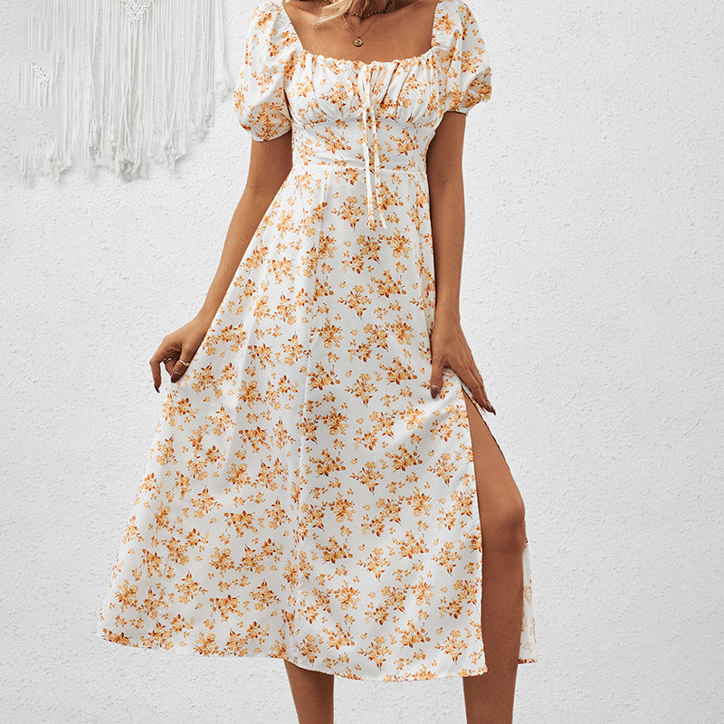 Square Neck Floral Print Dress With Puff Sleeves & Side Slit Maxi Dress FitiqueFit