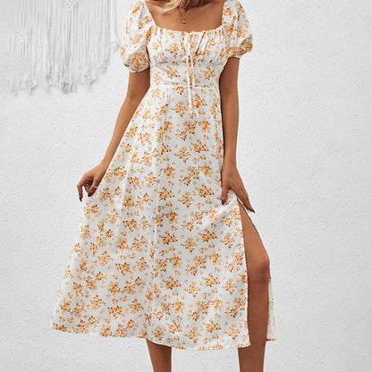 Square Neck Floral Print Dress With Puff Sleeves & Side Slit Maxi Dress FitiqueFit