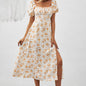 Square Neck Floral Print Dress With Puff Sleeves & Side Slit Maxi Dress FitiqueFit