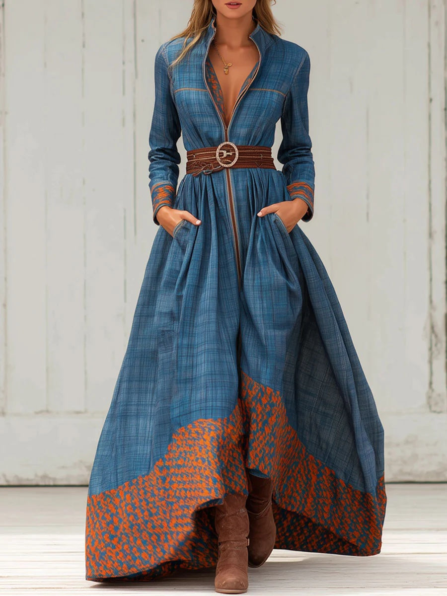 Color-Blocked Floral Patterned Stand Collar Long Dress FitiqueFit