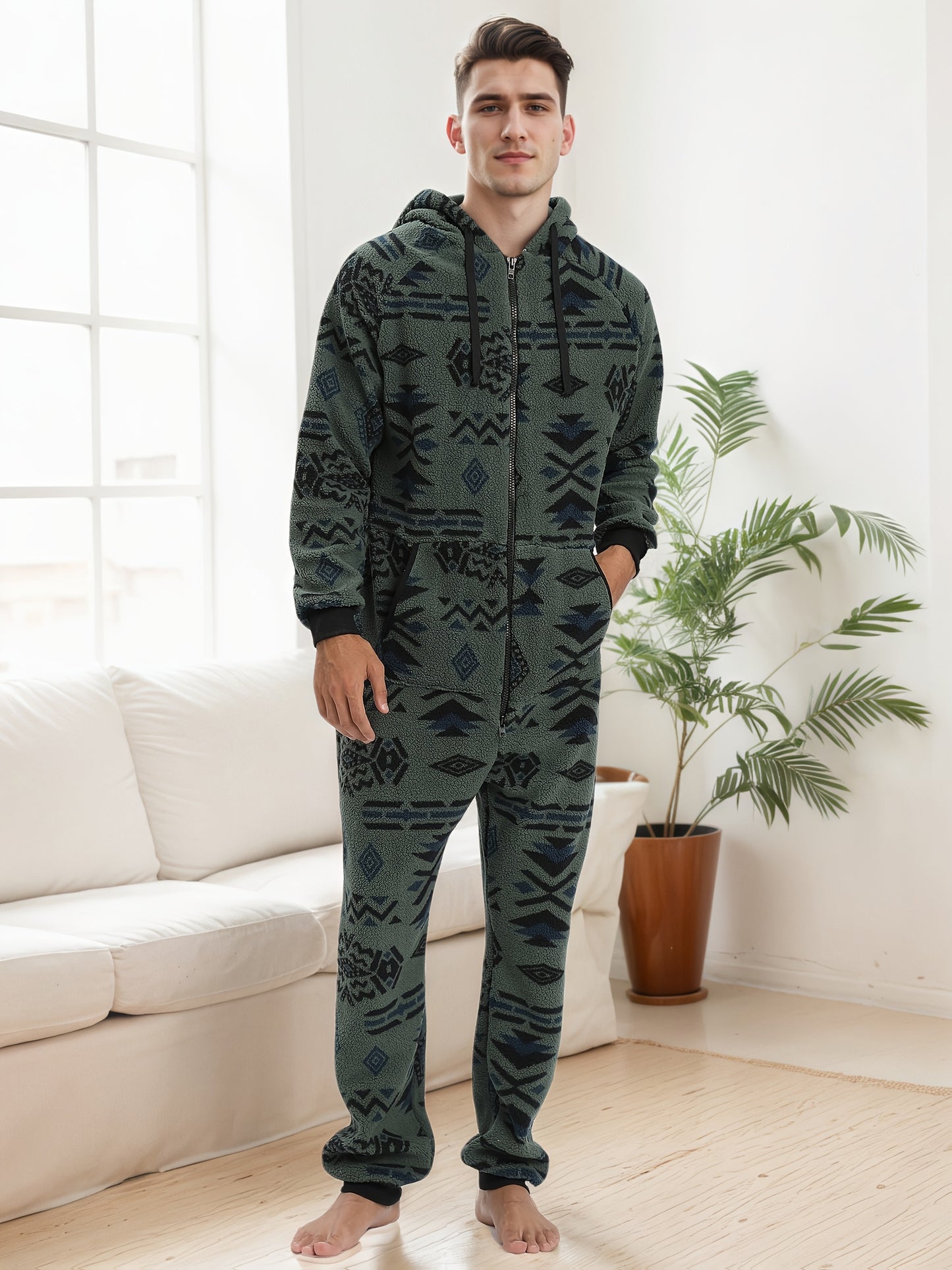Men'S Heavy-Duty Full-Zip Hooded Onesie - Long Sleeve Winter Sleepwear with Drawstring Hood, Loose Fit Onesie for Cold Weather, Christmas Costume & Everyday Indoor/Outdoor Use - Easy Zipper Closure, Indoor Loungewear, Plush, NovaCart