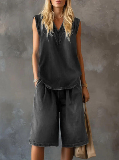 Women's V-Neck Sleeveless Loose Top & Wide-Leg Shorts Set FitiqueFit