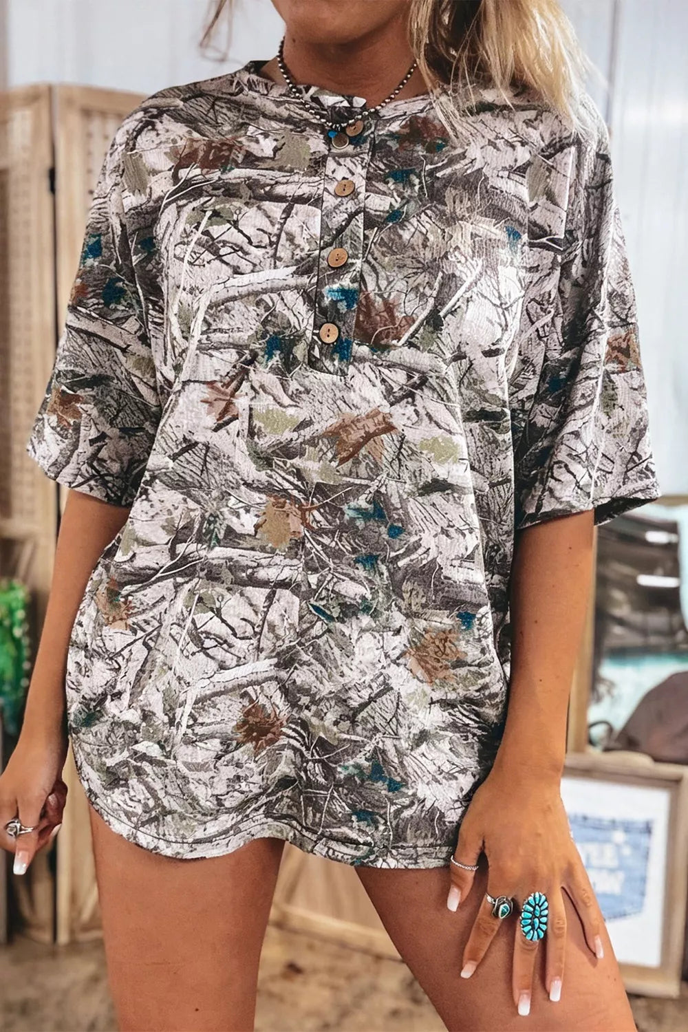 Abstract Woodland Print Tunic Henley T Shirt New Era Fashion LLc