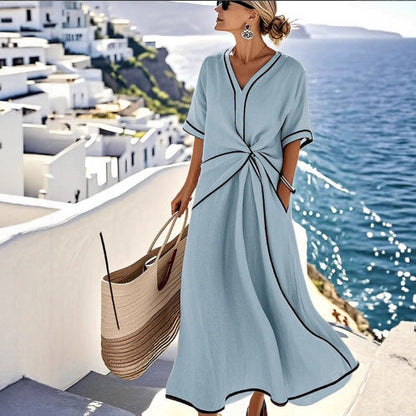 Striped Print Maxi Dress – Short Sleeve Beach Vacation Dress FitiqueFit