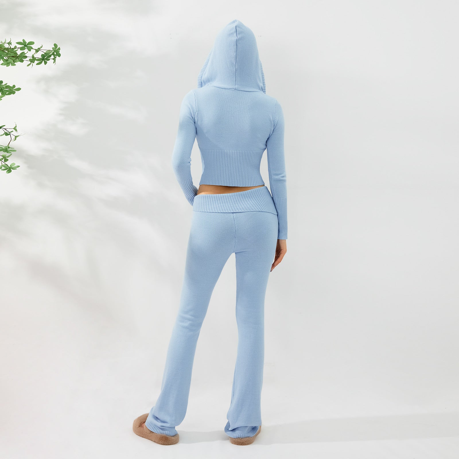 Women’s Knitted Hooded Two-Piece Set – Cardigan & High-Waisted Pants Suit FitiqueFit