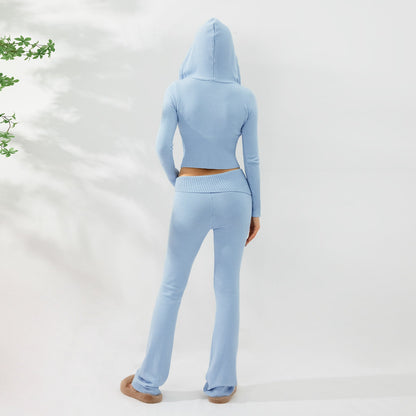 Women’s Knitted Hooded Two-Piece Set – Cardigan & High-Waisted Pants Suit FitiqueFit
