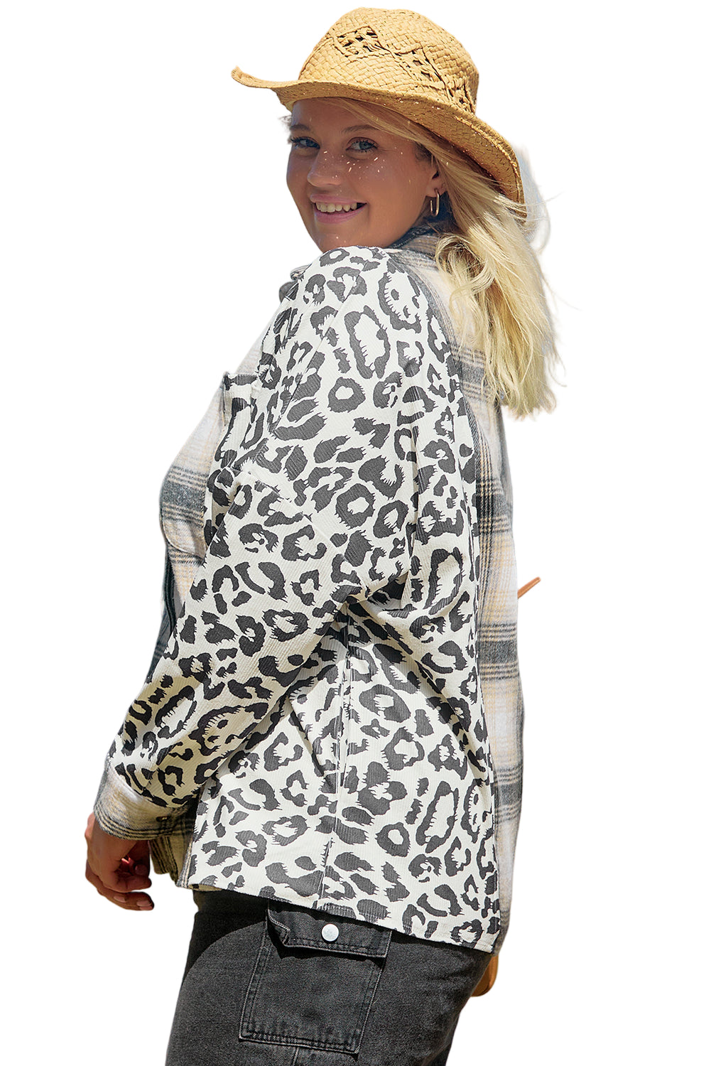 Black Plus Size Plaid Leopard Printed Patchwork Button Up Shacket Garden Naked Curves