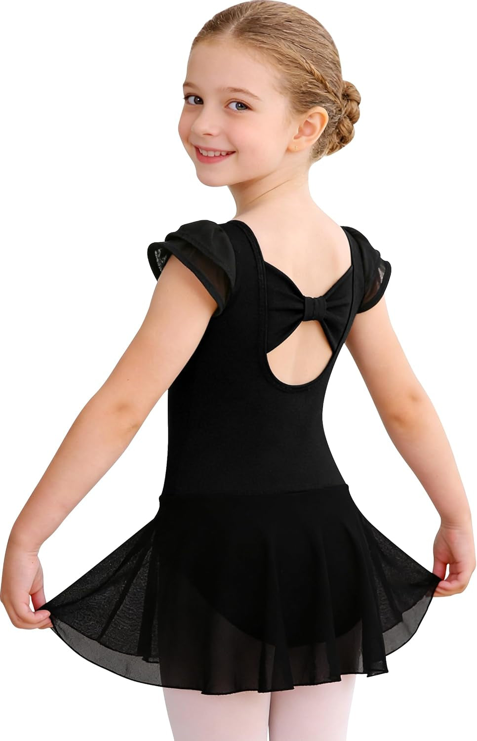 Girls’ Ballet Dance Leotards with Flutter Sleeve Petal Skirt and Bowknot Back