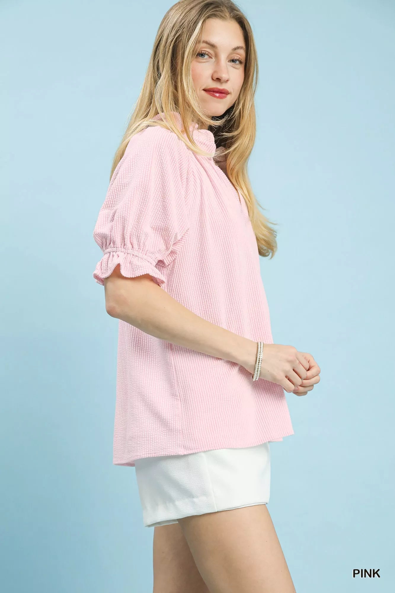 Umgee Textured Ruffle Sleeve V-Neck Top Montret