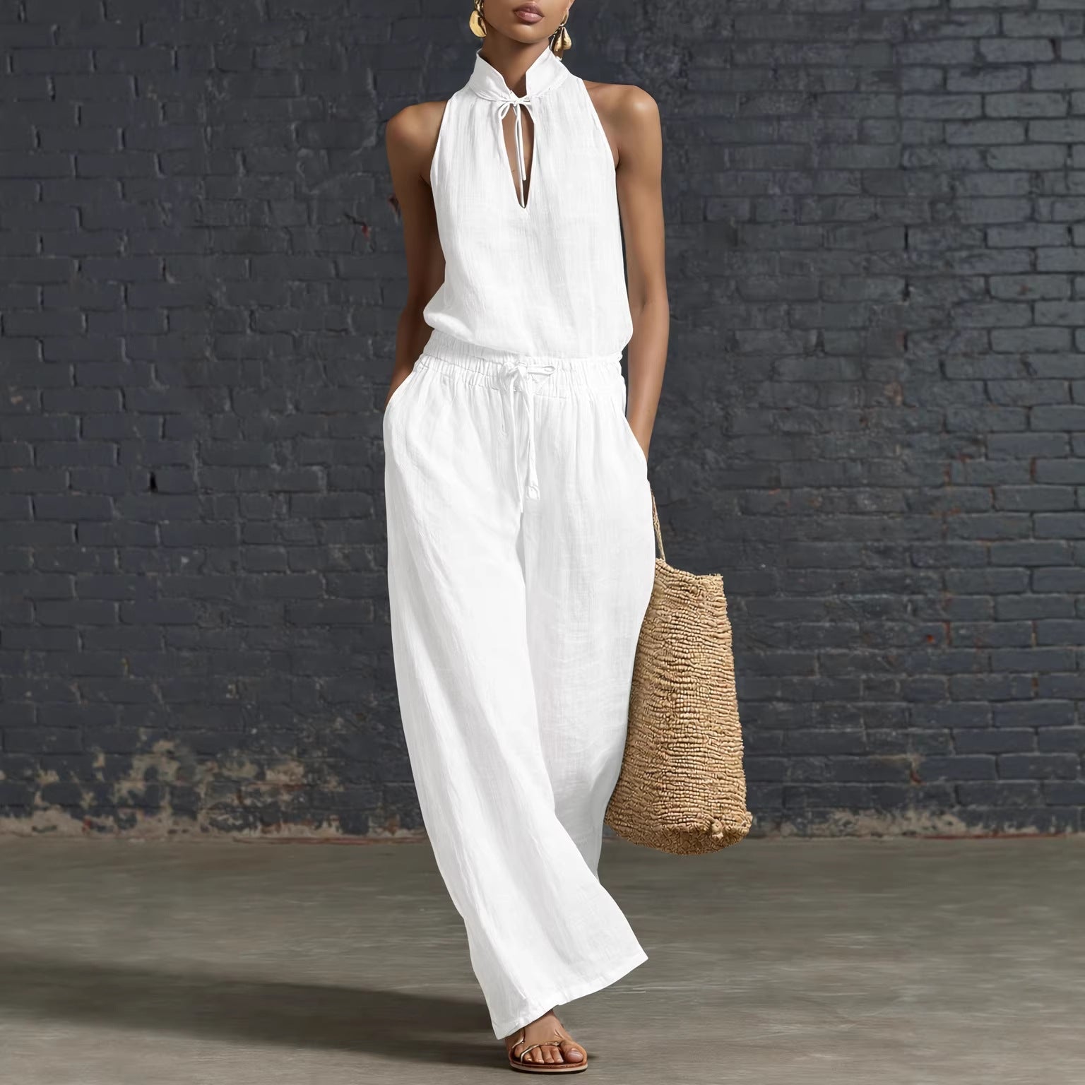 Women's Cotton Linen Sleeveless Top & Wide-Leg Pants Two-Piece Set FitiqueFit