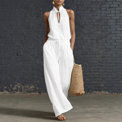 Women's Cotton Linen Sleeveless Top & Wide-Leg Pants Two-Piece Set FitiqueFit