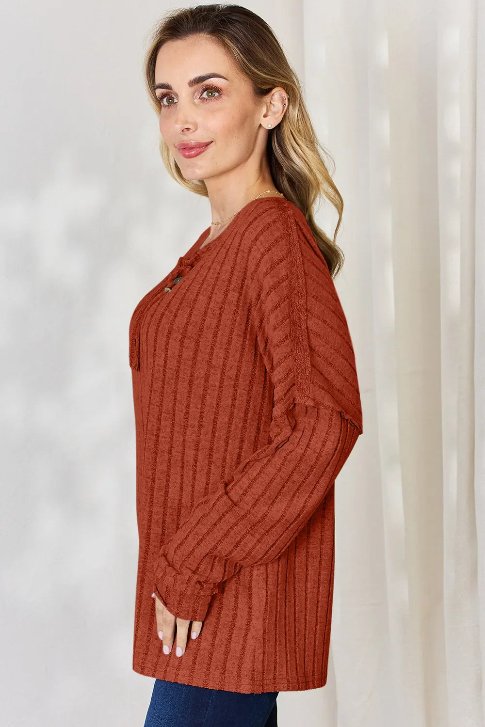 Basic Bae Full Size Ribbed Half Button Long Sleeve T-Shirt New Era Fashion LLc