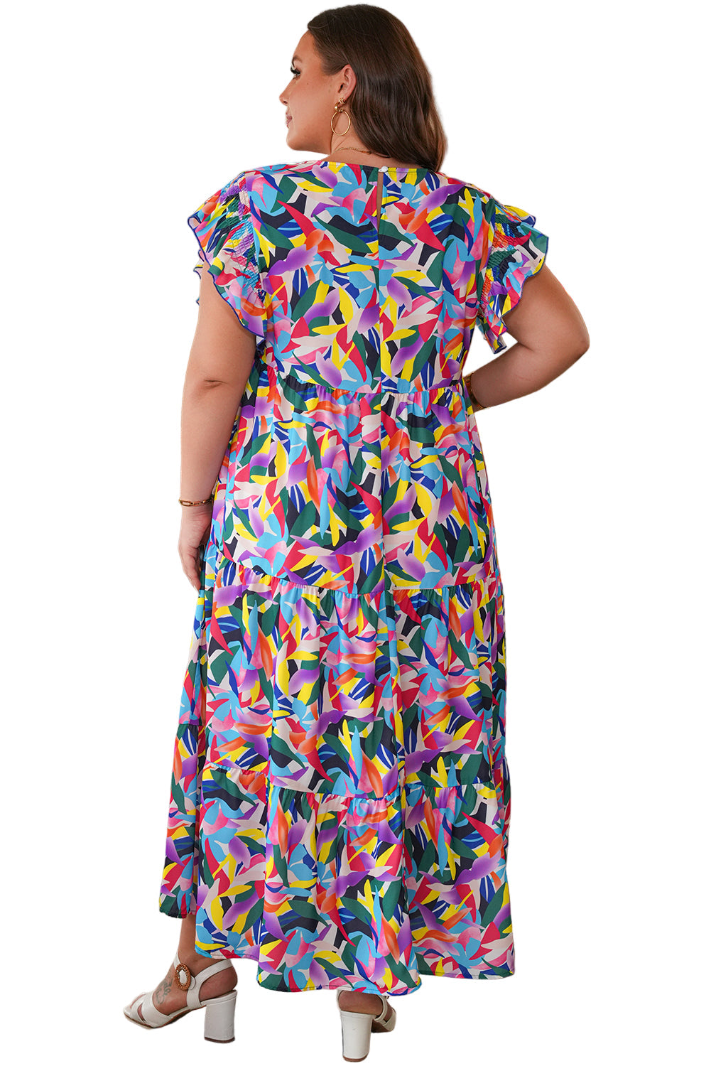 Blue Geometric Print Ruffled Short Sleeve Plus Size Tiered Maxi Dress Garden Naked Curves