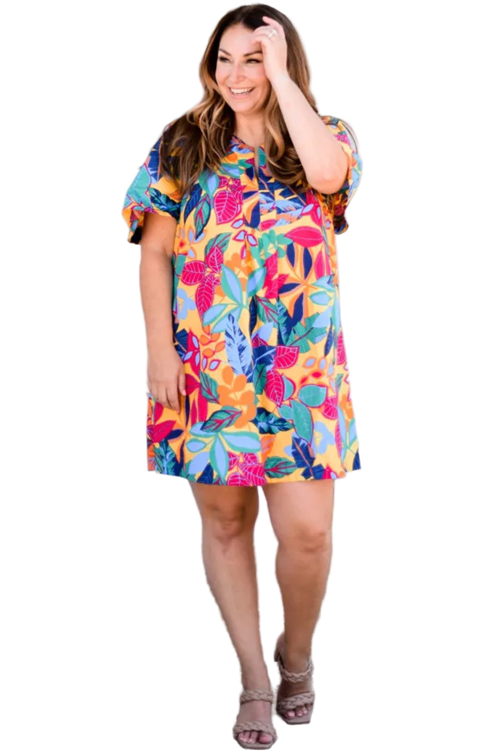 Multicolour Plus Size Leafy Print Split Neck Short Sleeve Shift Dress Garden Naked Curves