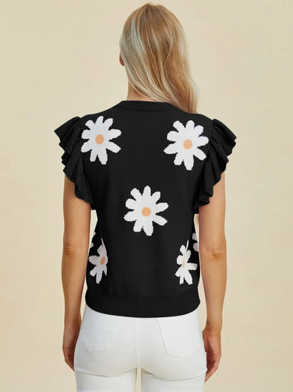 Double Take Full Size Ruffled Flower Round Neck Cap Sleeve Sweater New Era Fashion LLc