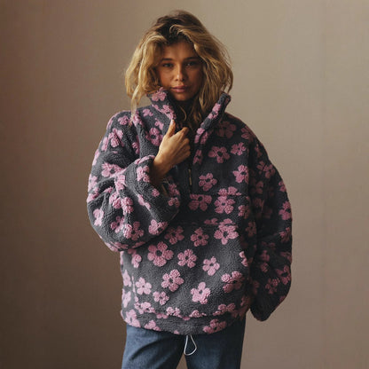 Winter Flowers Lambskin Sweatshirt Women | Cozy Zip-Up Pocket Pullover FitiqueFit
