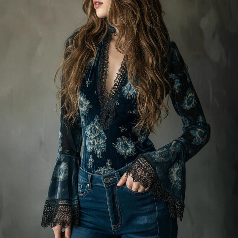 Women’s Retro Lace Panel V-Neck Blouse – Elegant Print Bell Sleeve Top for Spring & Autumn Wear FitiqueFit